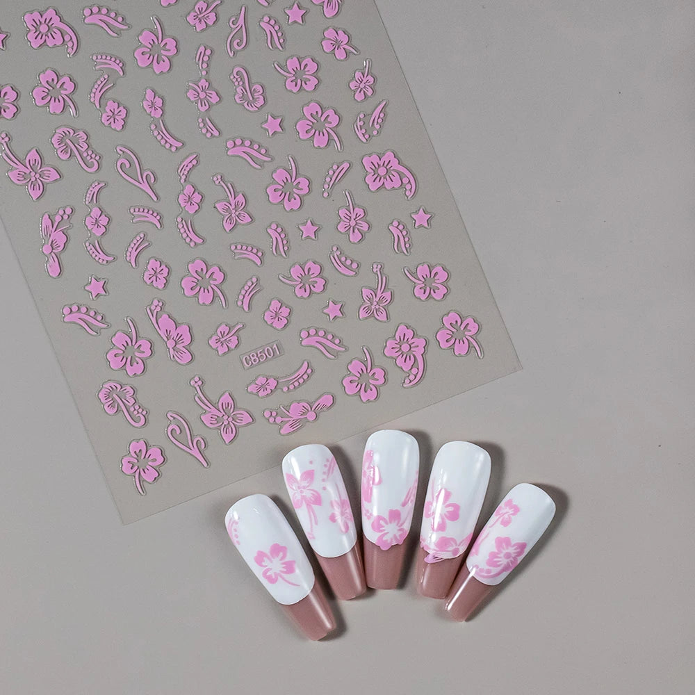 3D Hibiscus Flower Nail Stickers – White & Black Petals with Pink & Gold Accents