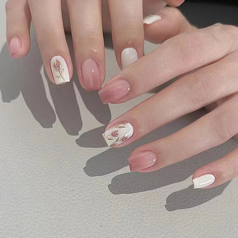 24Pcs Short Almond Press-On Nails – Pink Floral French Tip, Glossy & Elegant