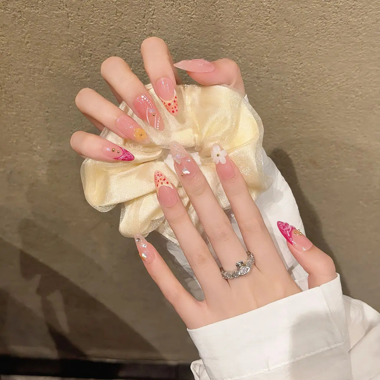 Almond Press-On Nails – Handmade 3D Flower & Snake Design