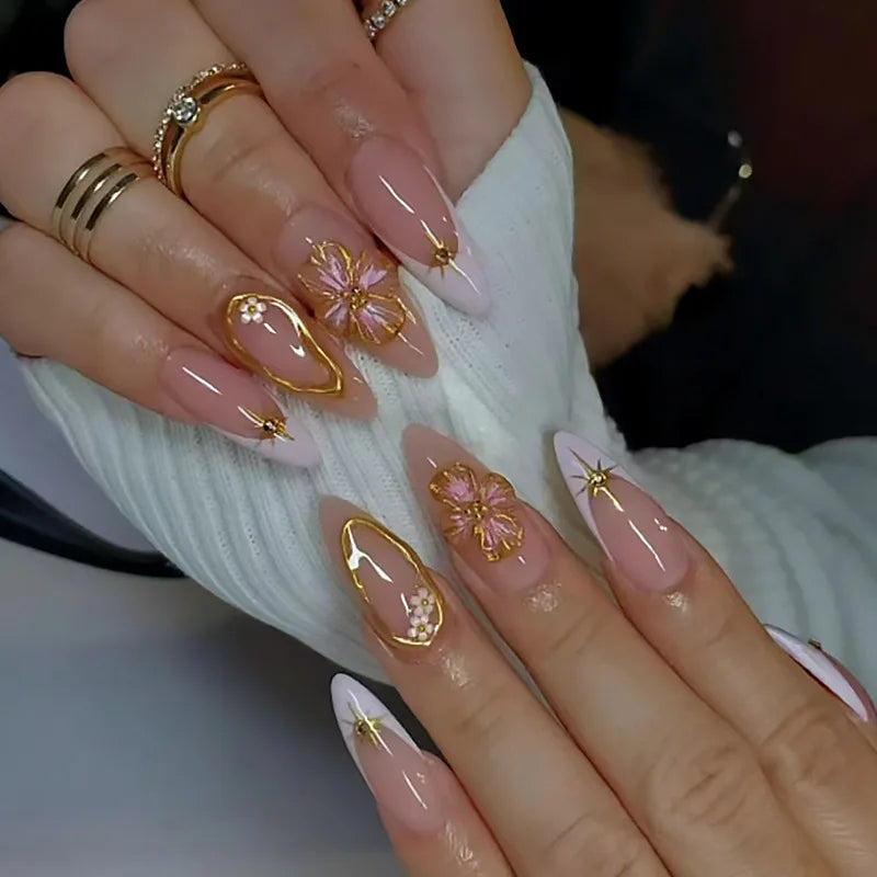 Almond Press On Nails | Long French Pink Bow & Flower Design