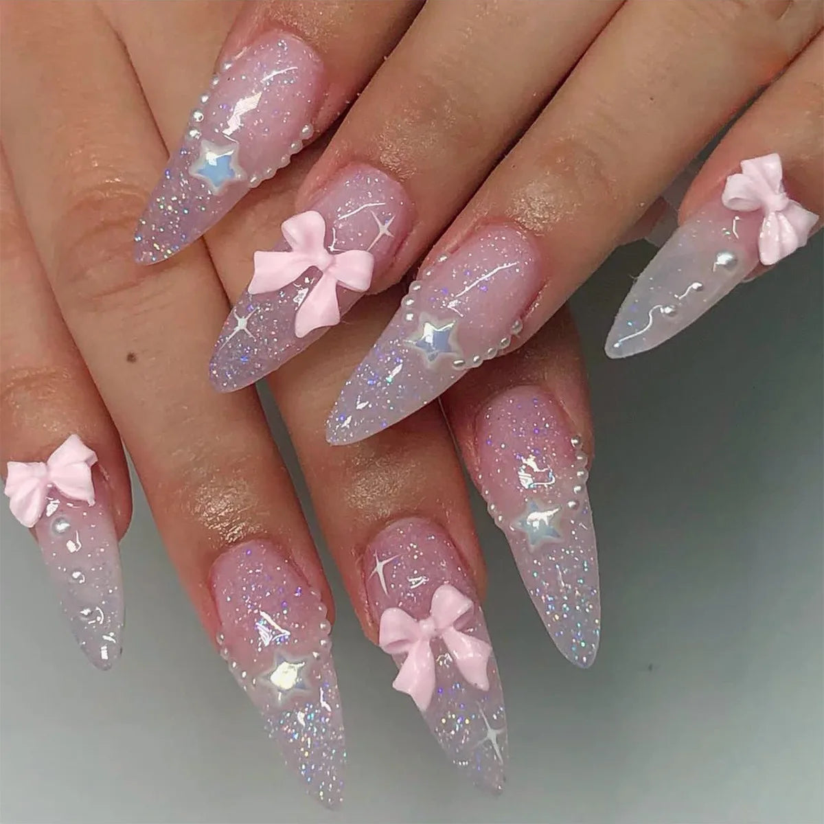 Almond Press On Nails | Long French Pink Bow & Flower Design