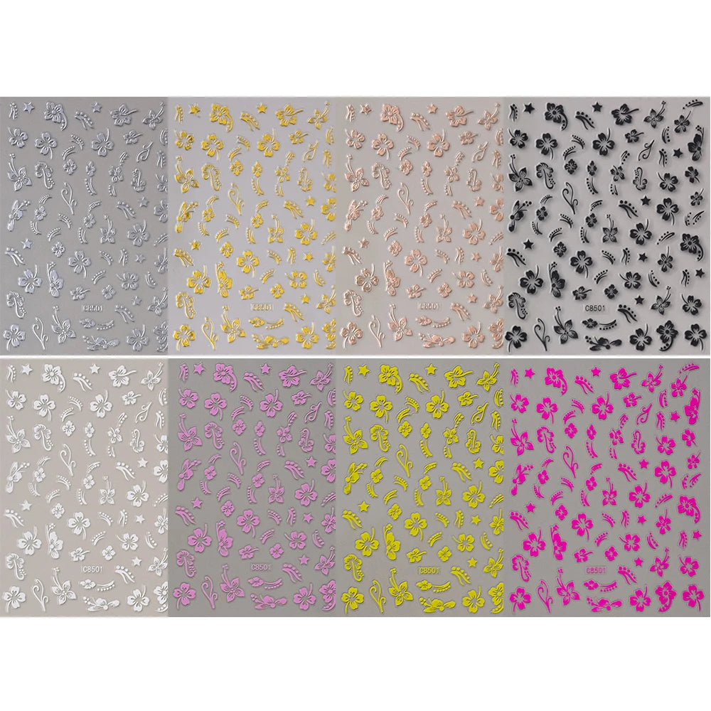 3D Hibiscus Flower Nail Stickers – White & Black Petals with Pink & Gold Accents