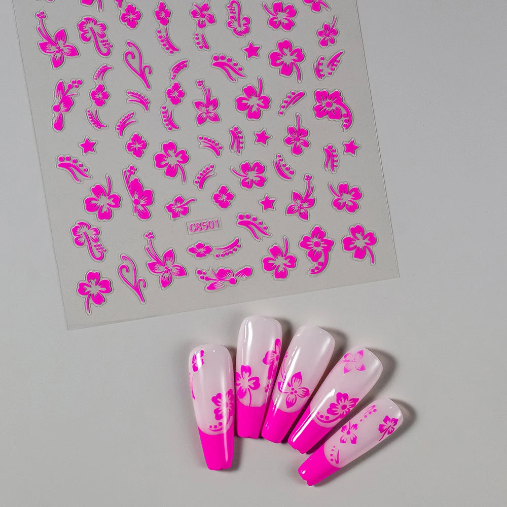 3D Hibiscus Flower Nail Stickers – White & Black Petals with Pink & Gold Accents