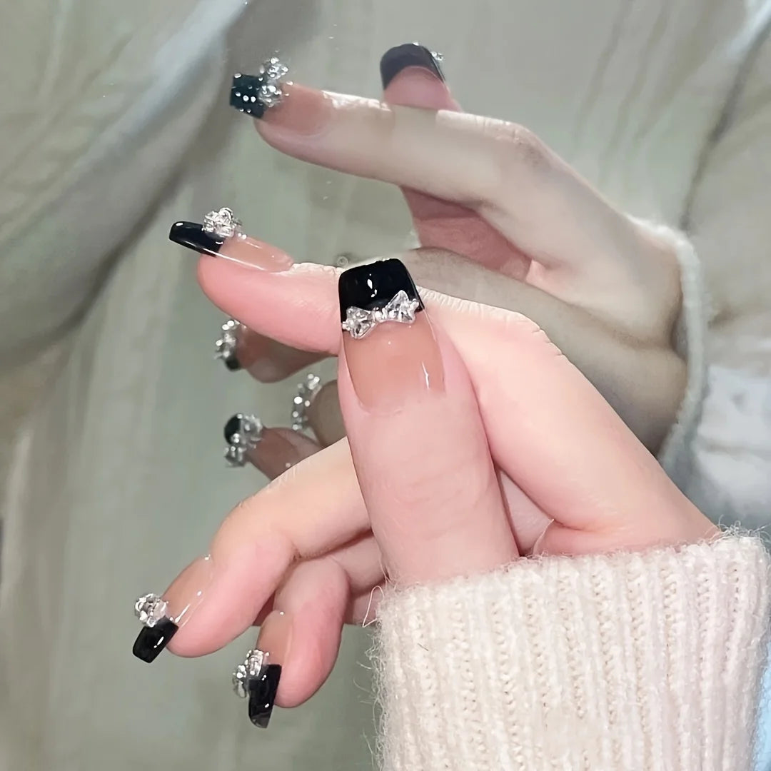 Black French Tip Press On Nails with 3D Bow Nail Art