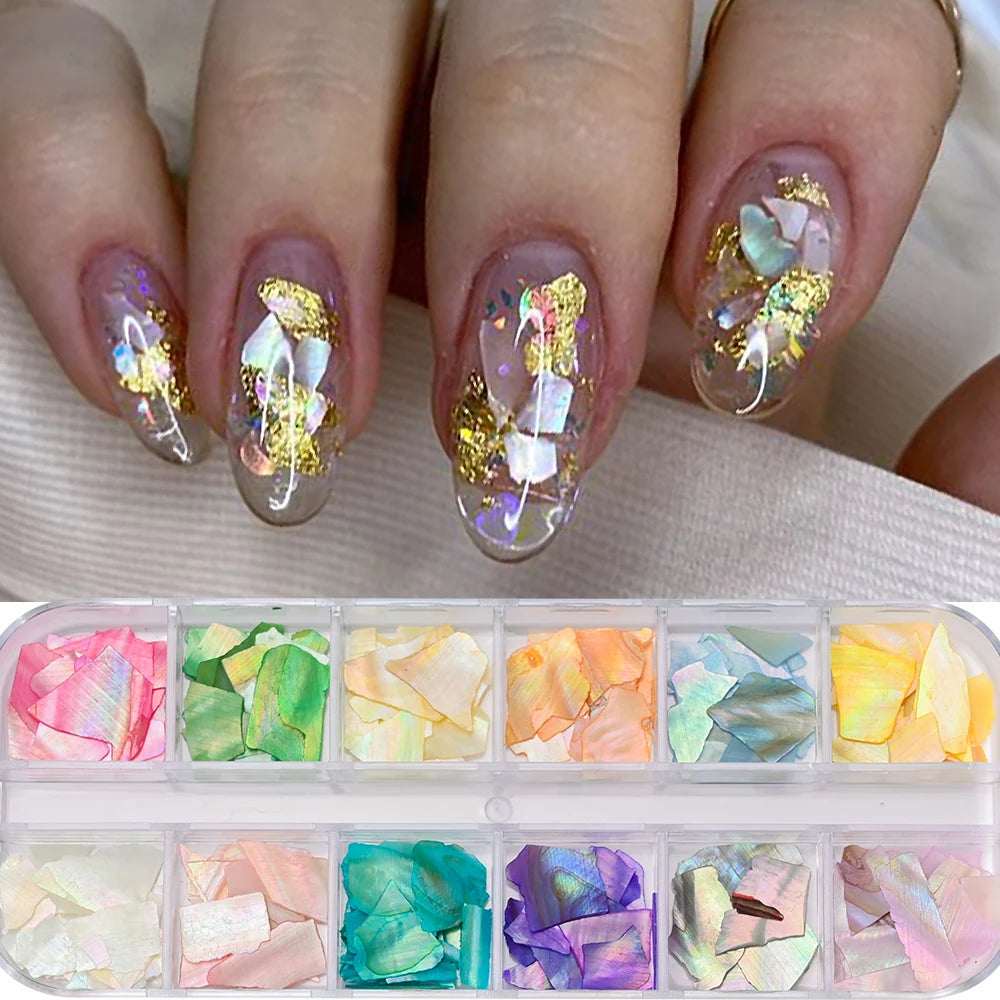 Aurora Abalone Shell Flakes – 12 Grid Nail Art Set