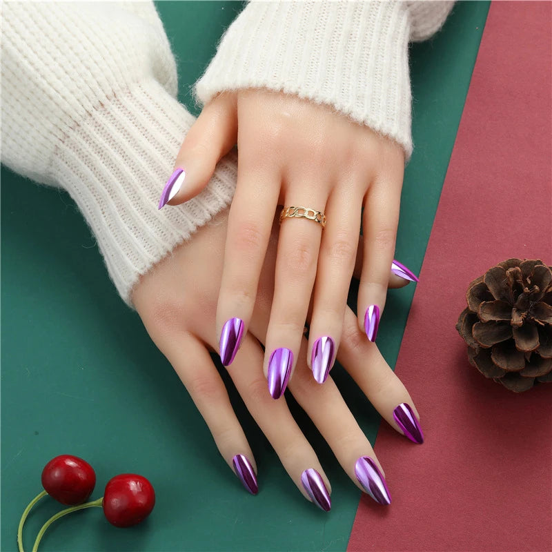 Metallic Almond Press On Nails – 24PCS Mirror Finish