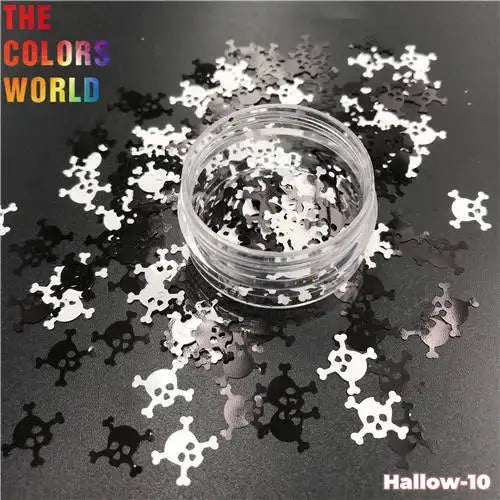 Jar of skull-shaped confetti with 'The Colors World' branding on a dark background