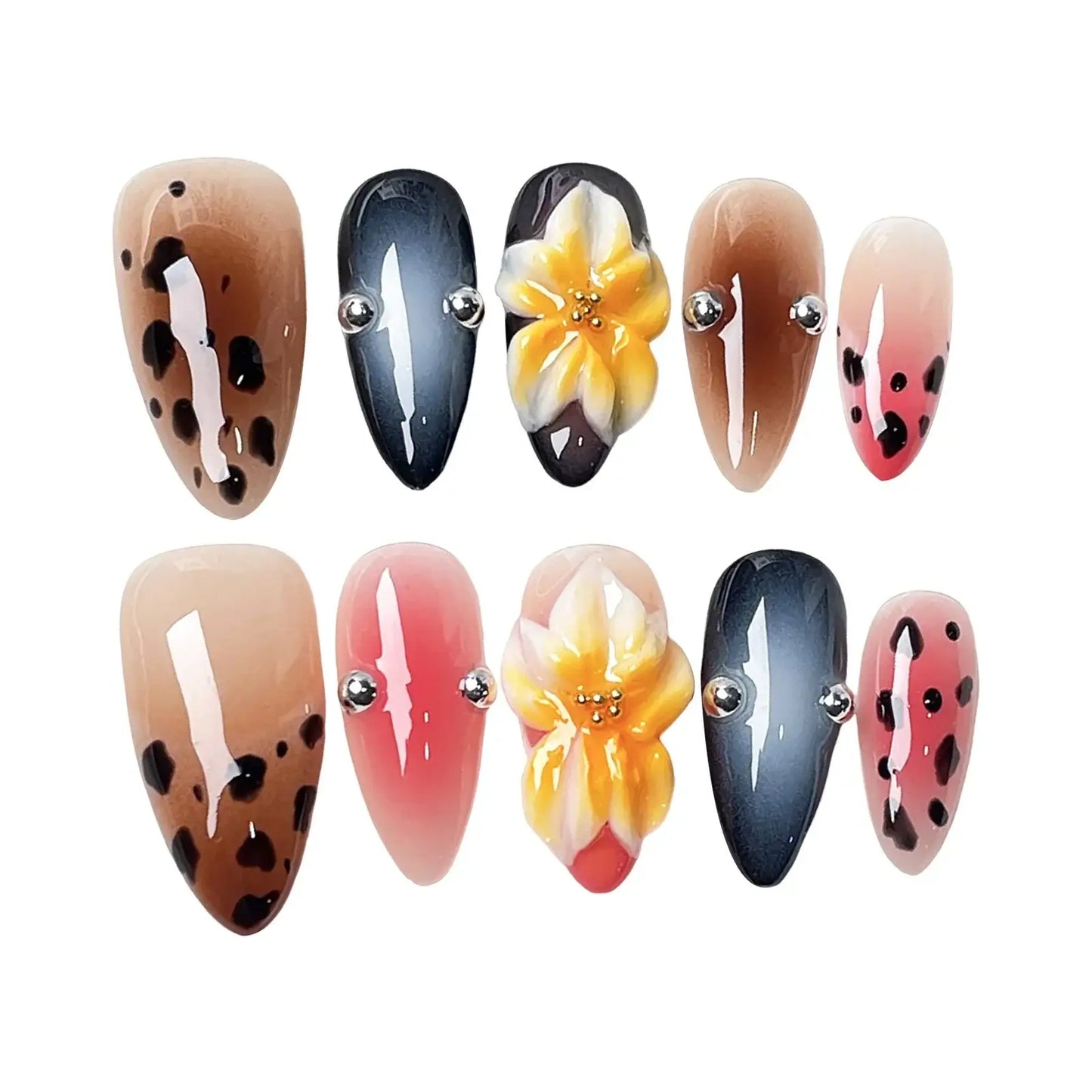 Colorful Press-On Nails – Flowers, Beads & Almond Tips