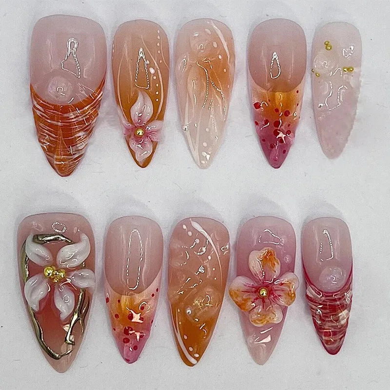 Almond Press On Nails | Long French Pink Bow & Flower Design