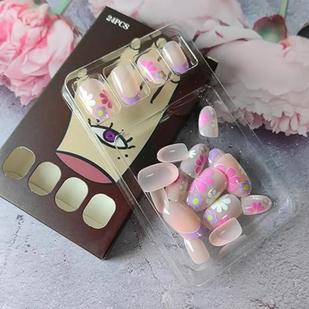 24Pcs Short Almond Press-On Nails – Pink Floral French Tip, Glossy & Elegant