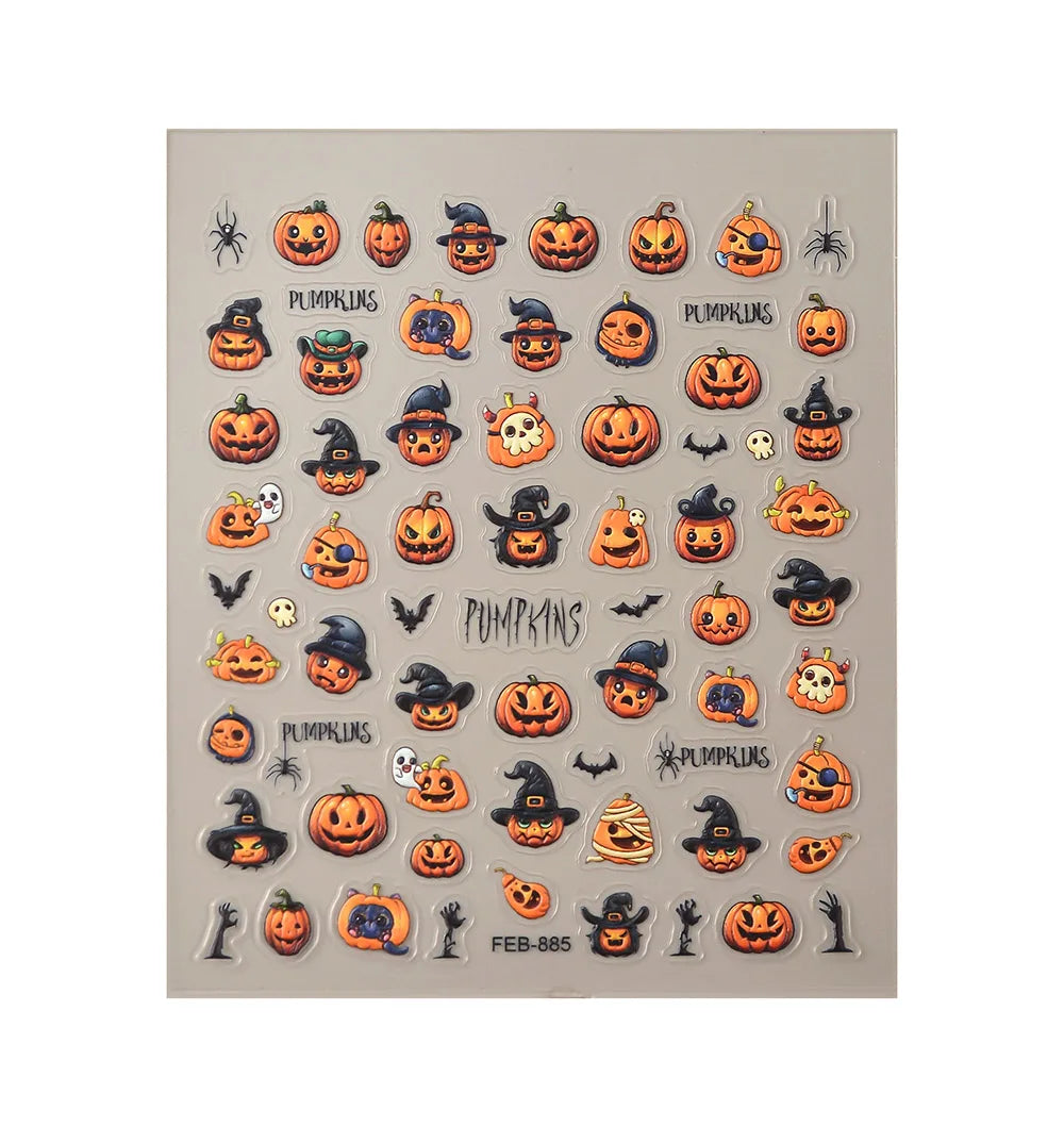 Sheet of Halloween-themed stickers with pumpkins and ghosts on a beige background