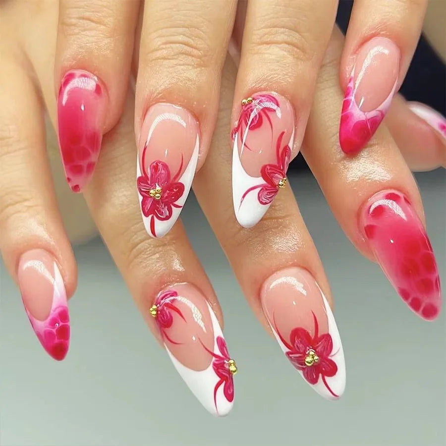 24Pcs Short Almond Press-On Nails – Pink Floral French Tip, Glossy & Elegant