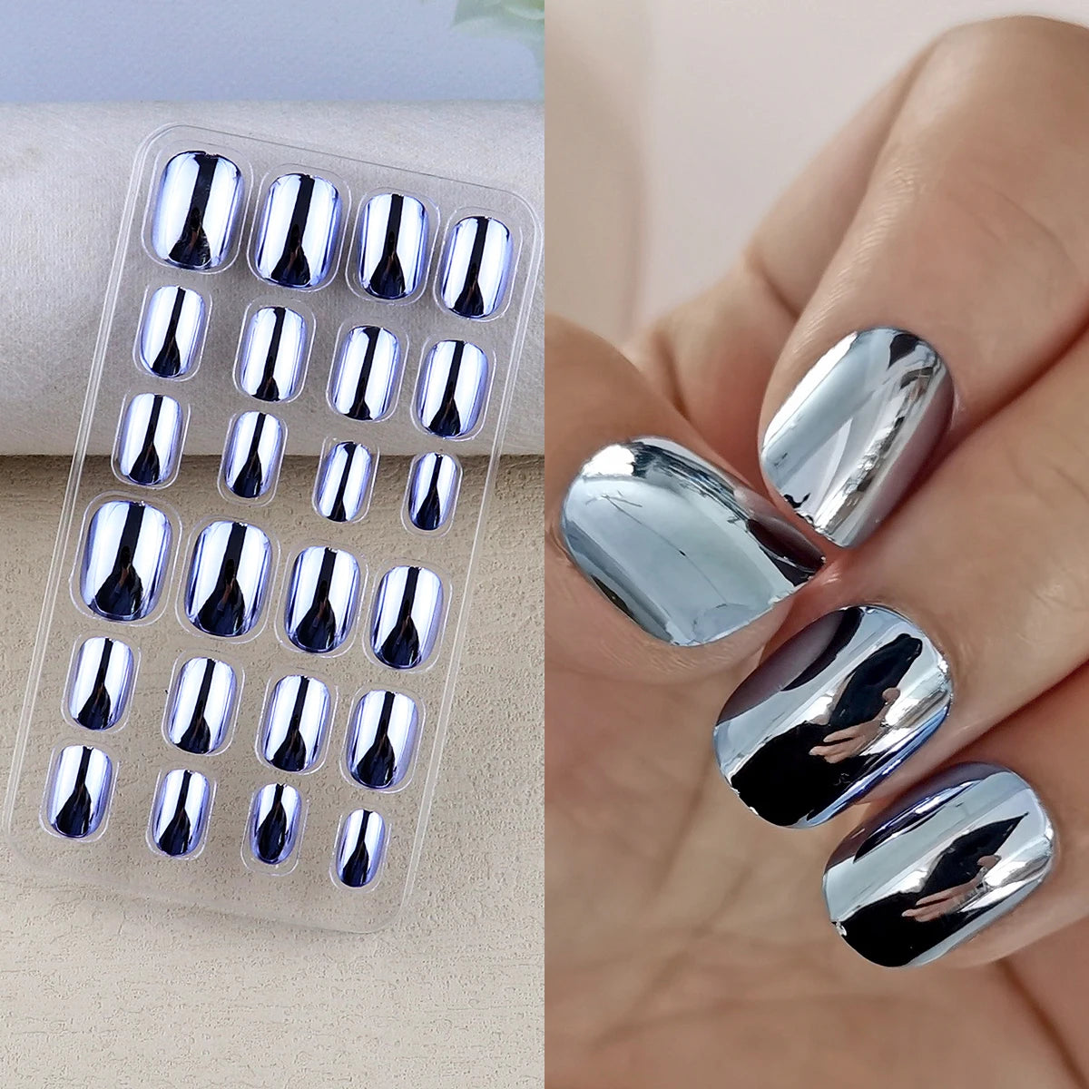 Mirror Chrome Press-On Nails – 24 Metallic Oval Tips
