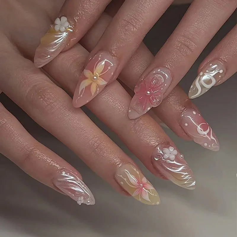 Almond Press On Nails | Long French Pink Bow & Flower Design
