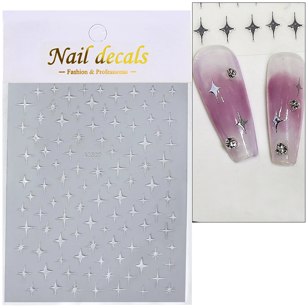 1pc Y2K Silver & Gold Star Nail Art Stickers – Glossy Laser Starlight Decal for Easy Nail Art