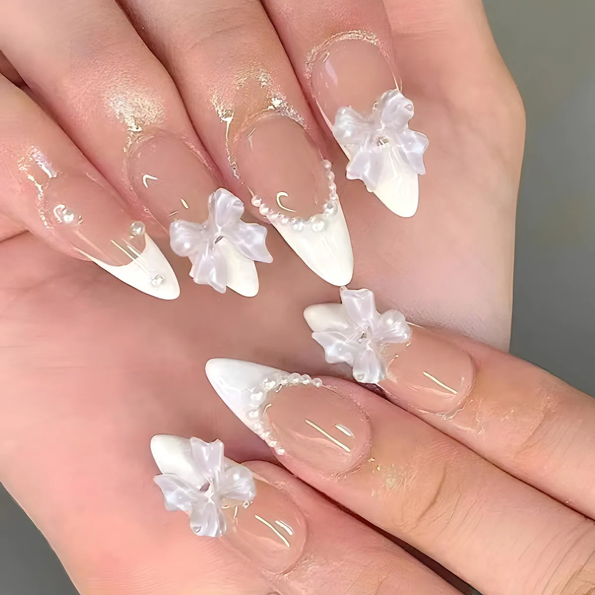 Almond Press On Nails | Long French Pink Bow & Flower Design