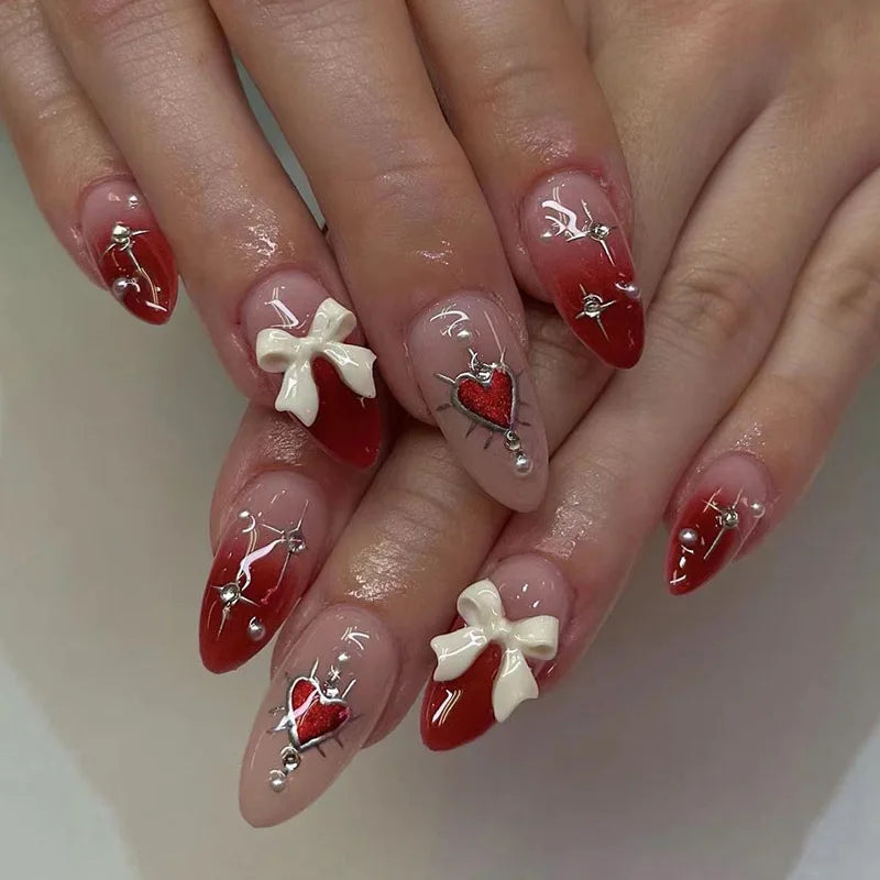 Almond Press On Nails | Long French Pink Bow & Flower Design