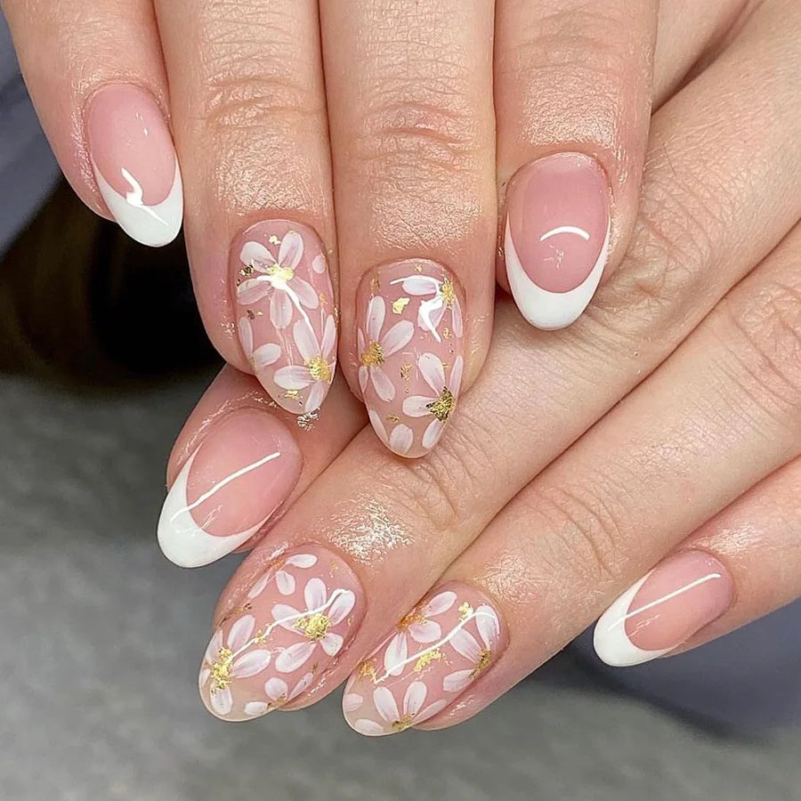24Pcs Short Almond Press-On Nails – Pink Floral French Tip, Glossy & Elegant