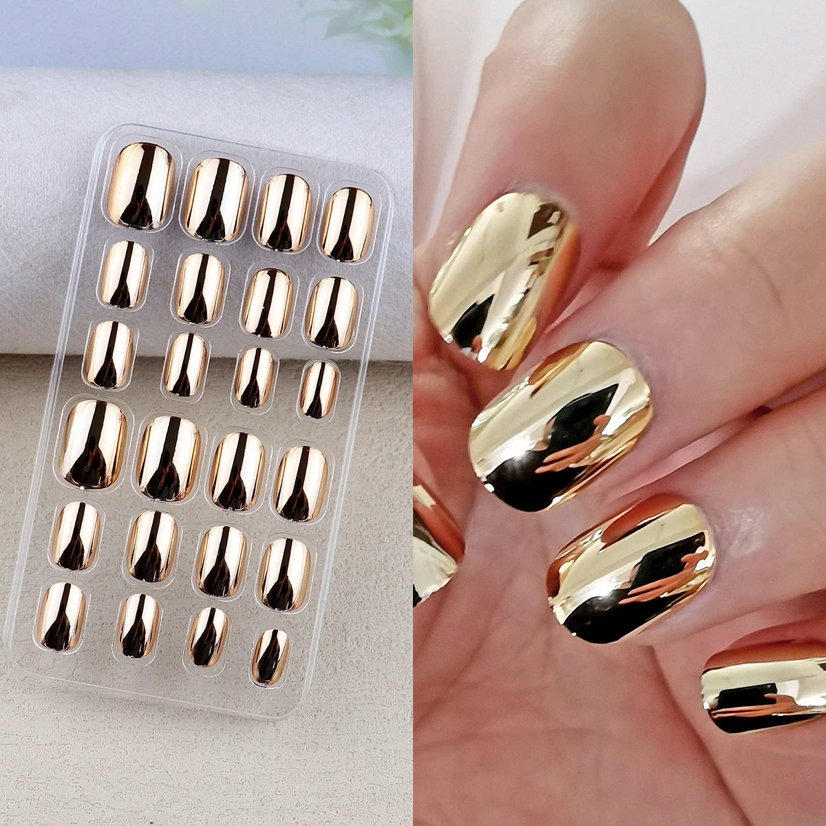 Mirror Chrome Press-On Nails – 24 Metallic Oval Tips