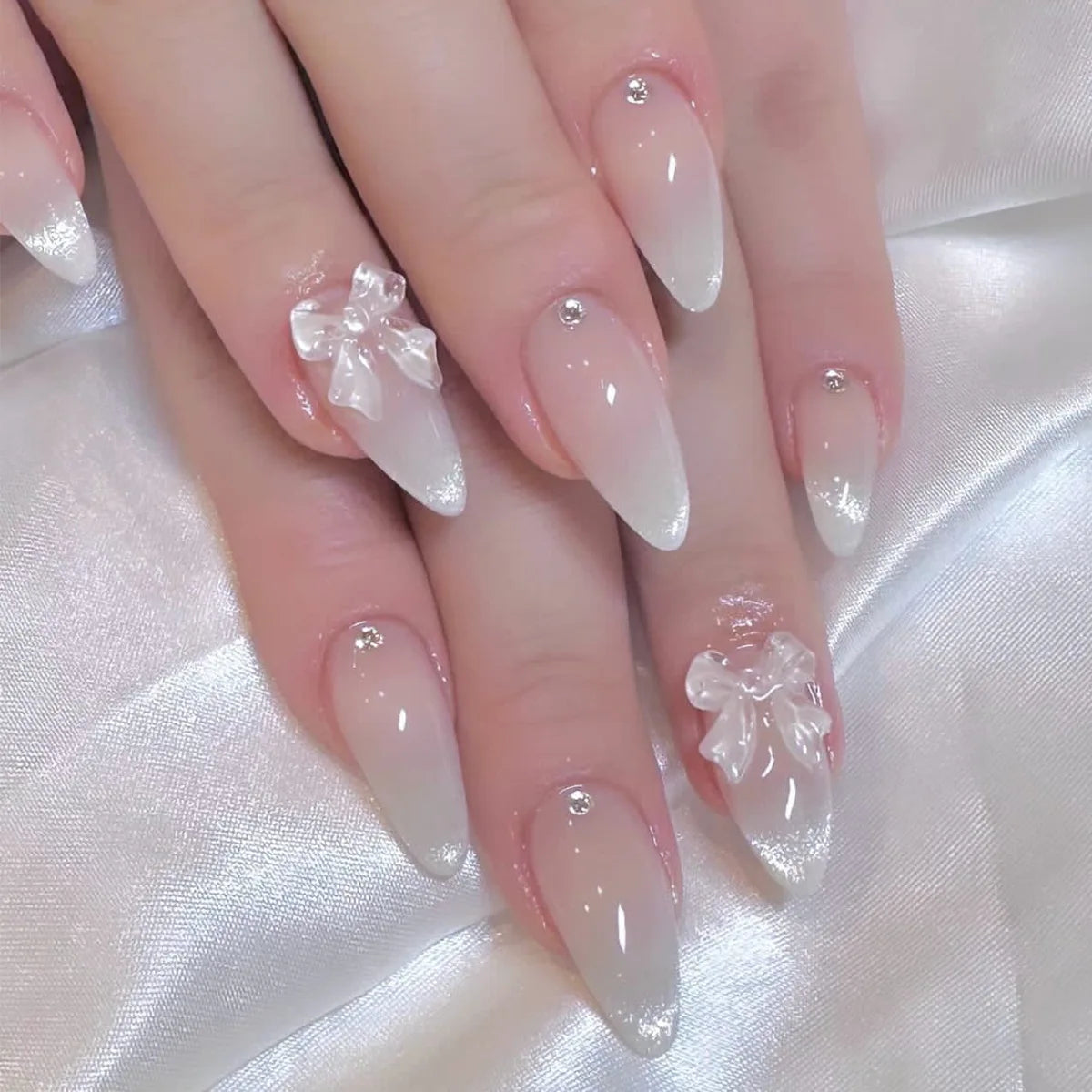 Almond Press On Nails | Long French Pink Bow & Flower Design