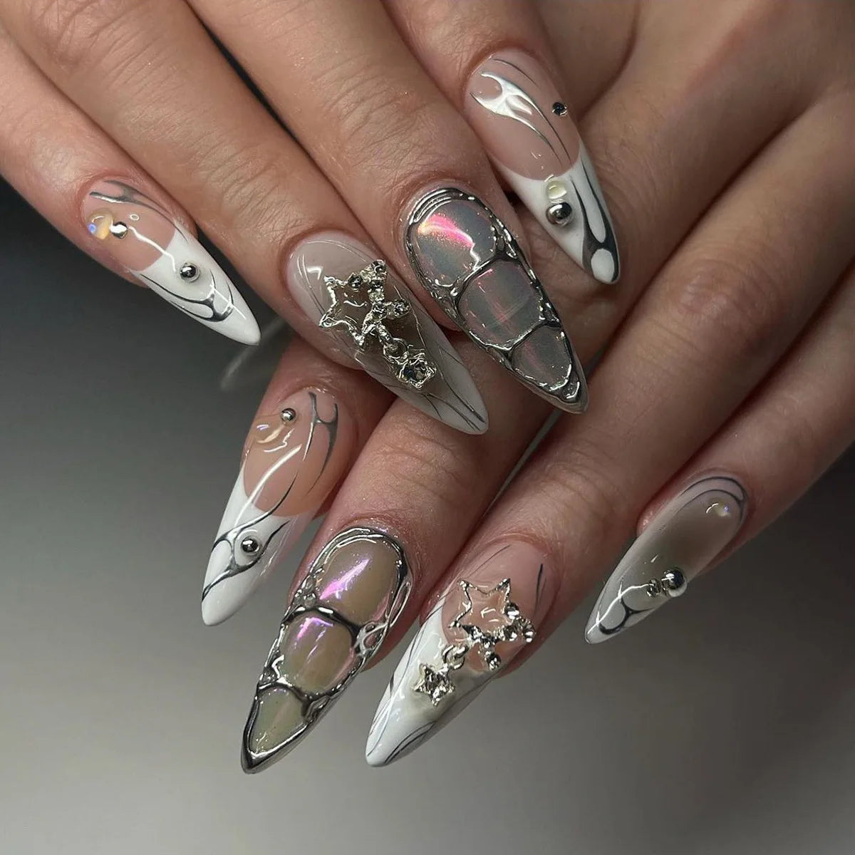 Almond Press On Nails | Long French Pink Bow & Flower Design