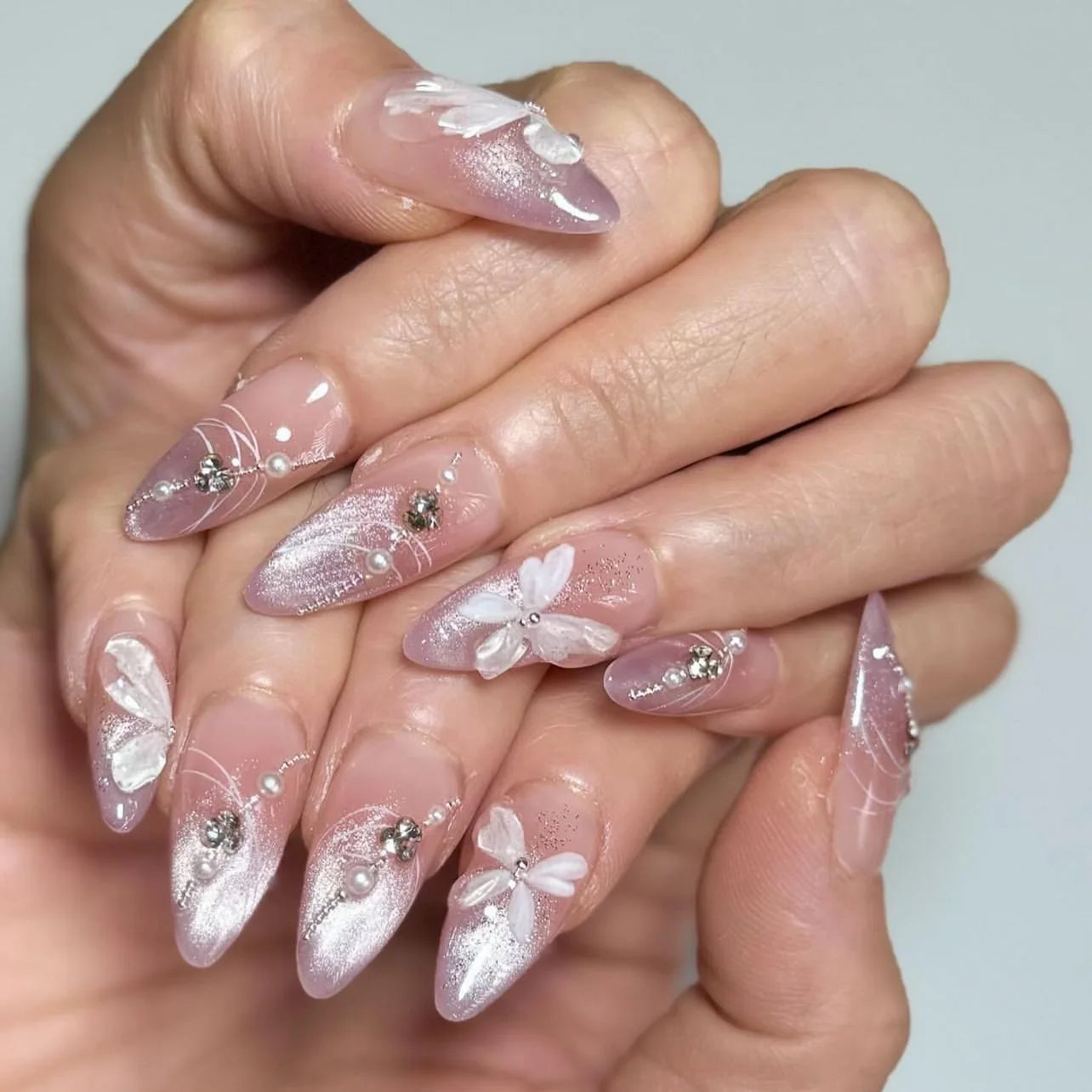 Almond Press On Nails | Long French Pink Bow & Flower Design