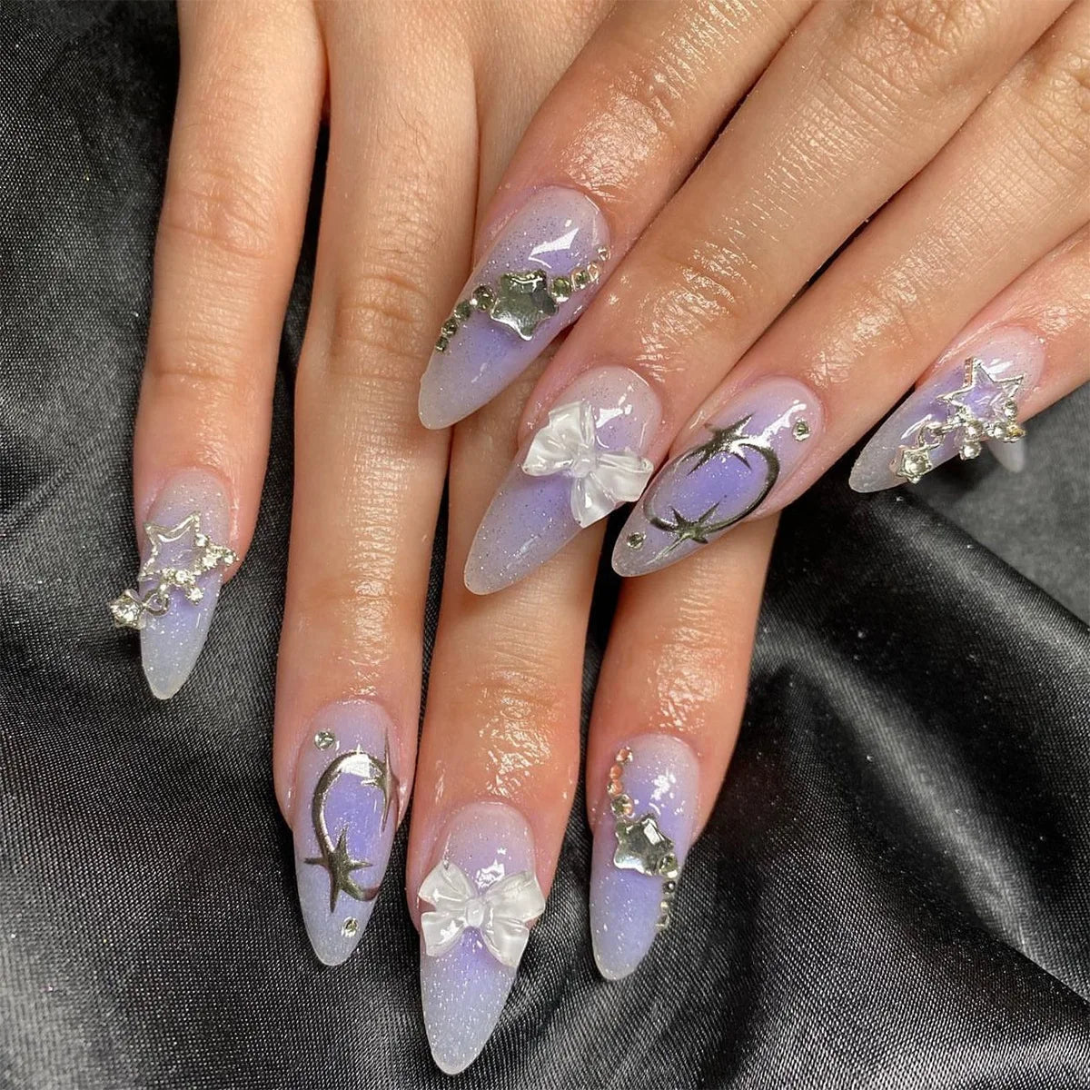 Almond Press On Nails | Long French Pink Bow & Flower Design