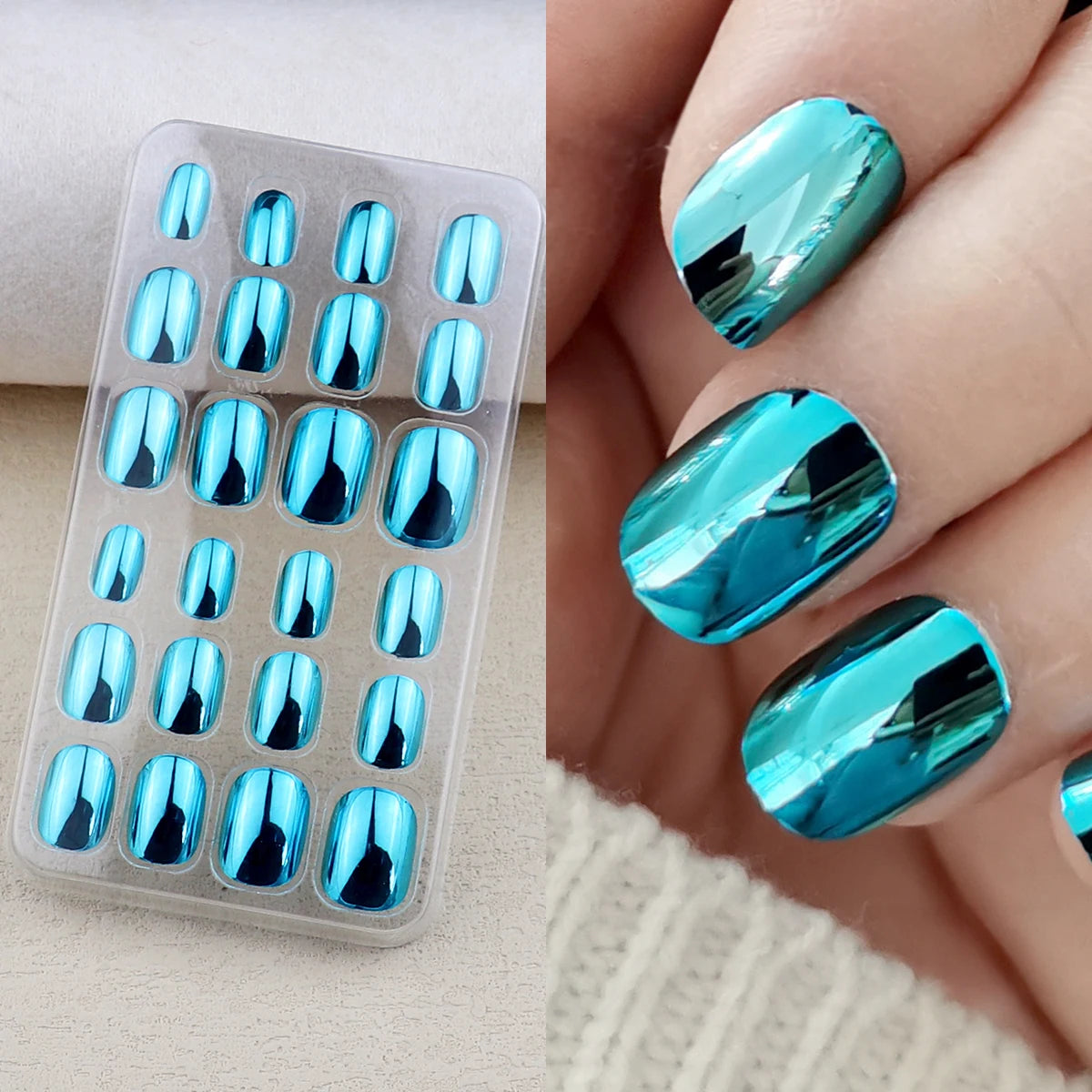 Mirror Chrome Press-On Nails – 24 Metallic Oval Tips