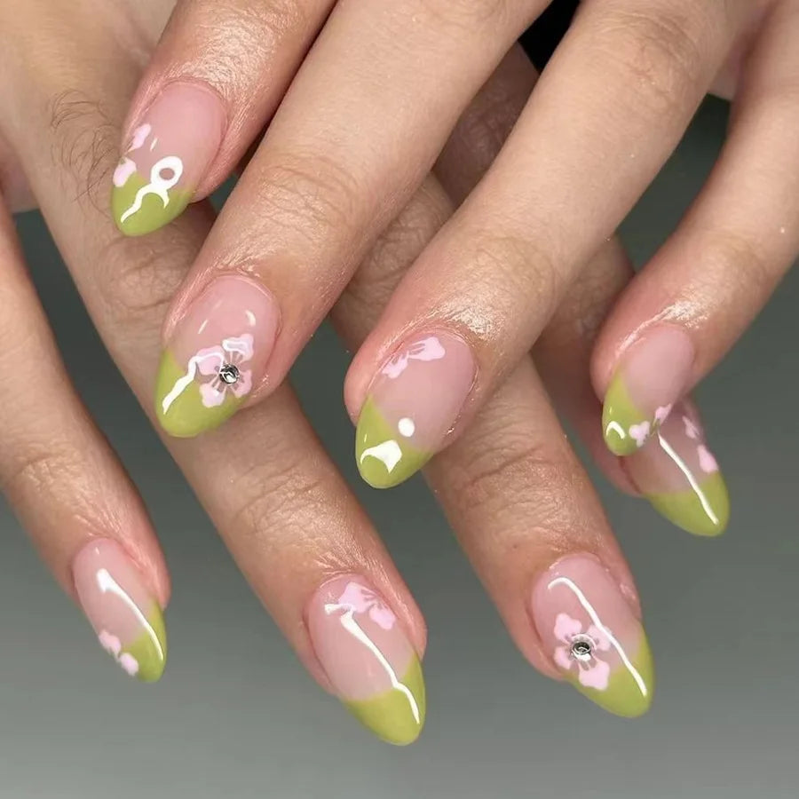 24Pcs Short Almond Press-On Nails – Pink Floral French Tip, Glossy & Elegant