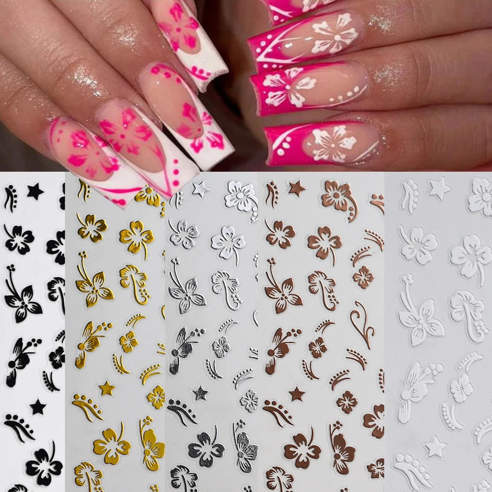 3D Hibiscus Flower Nail Stickers – White & Black Petals with Pink & Gold Accents