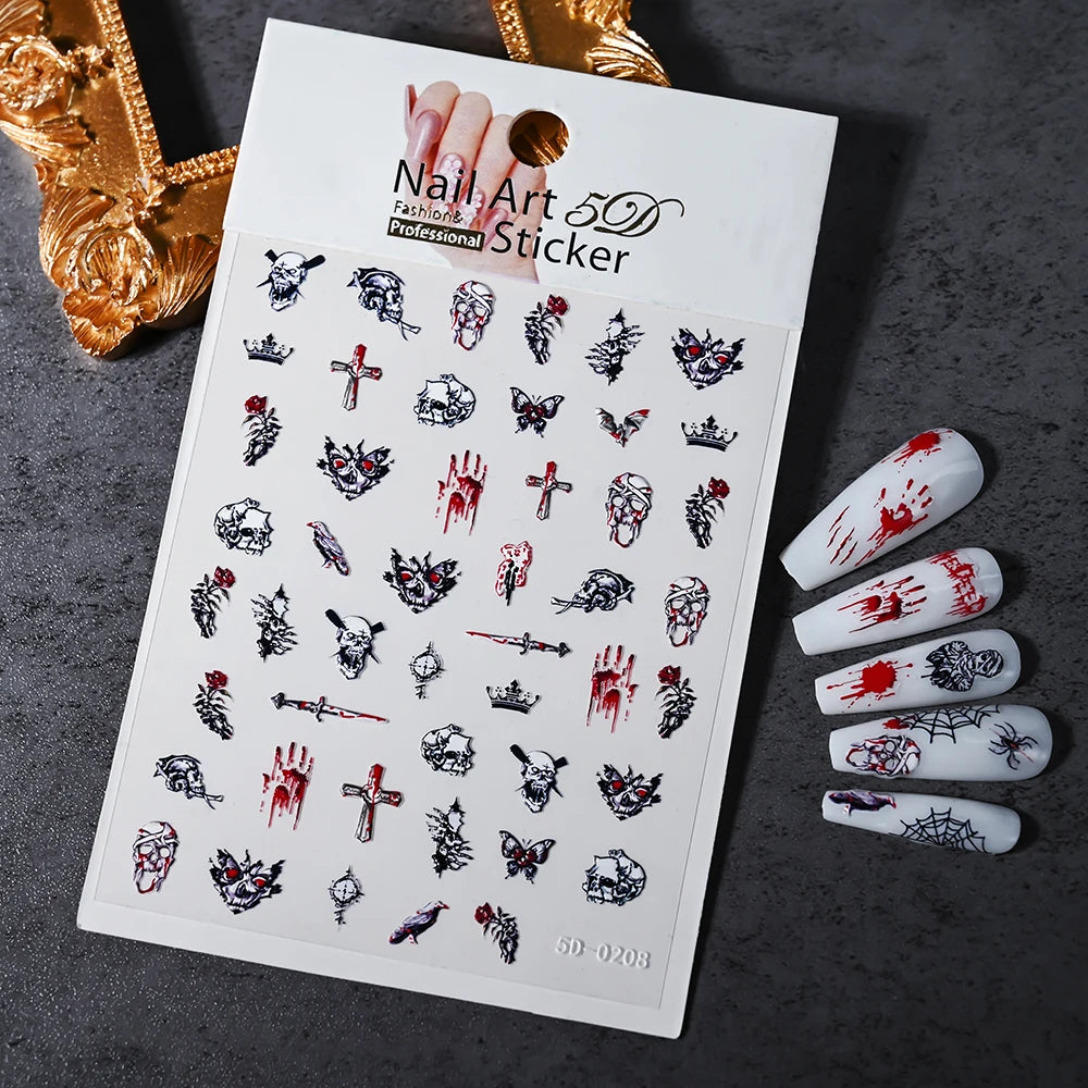 Nail art sticker sheet with designs and sample nails on a dark surface