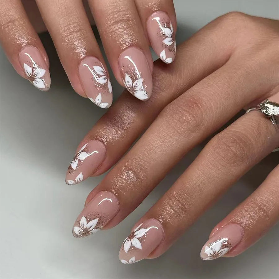 24Pcs Short Almond Press-On Nails – Pink Floral French Tip, Glossy & Elegant
