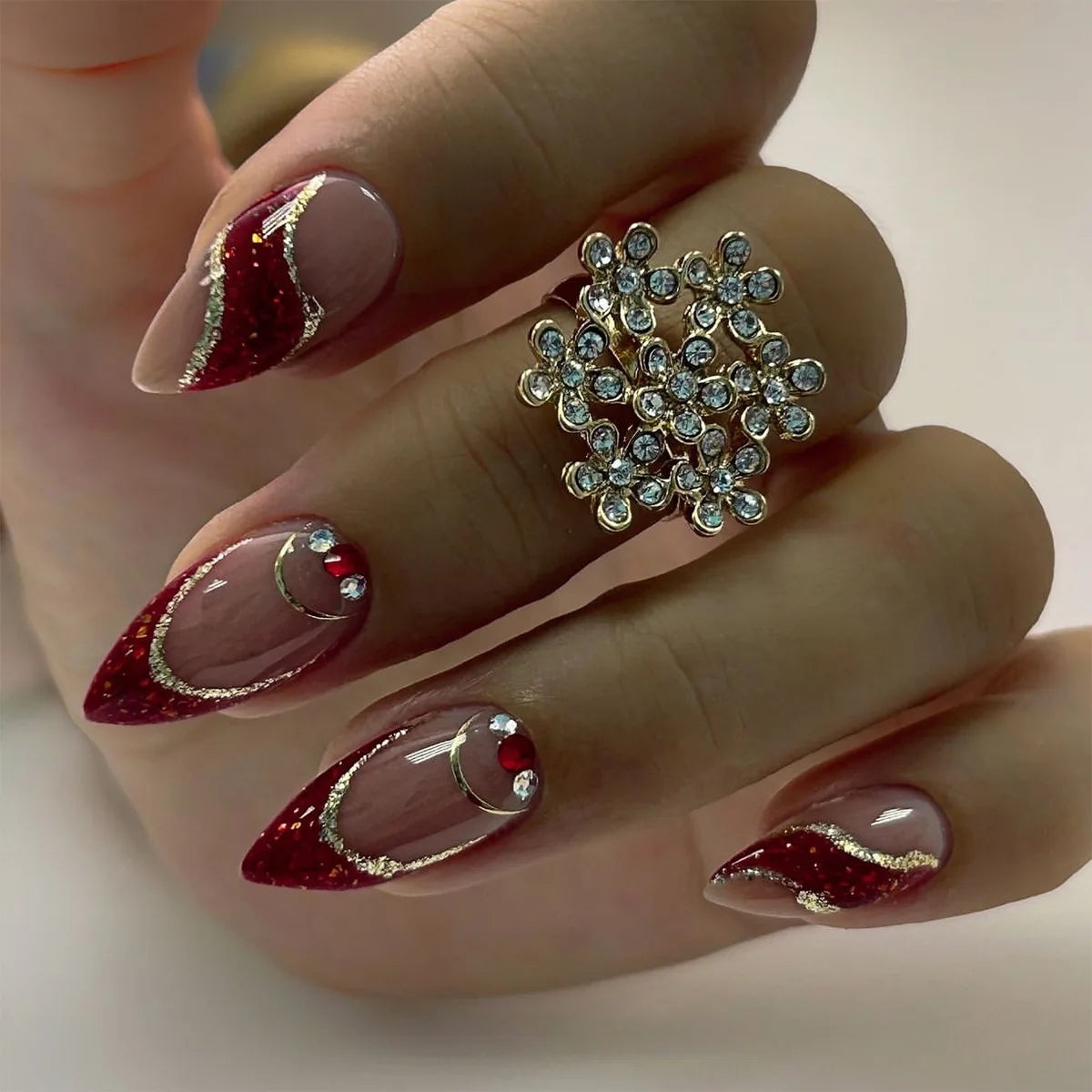 Almond Press On Nails | Long French Pink Bow & Flower Design
