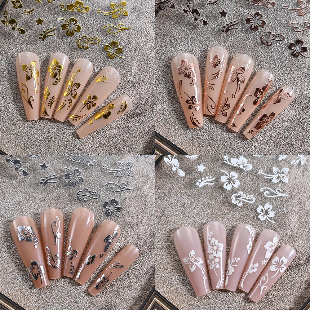 3D Hibiscus Flower Nail Stickers – White & Black Petals with Pink & Gold Accents