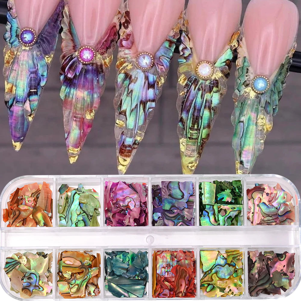 Aurora Abalone Shell Flakes – 12 Grid Nail Art Set