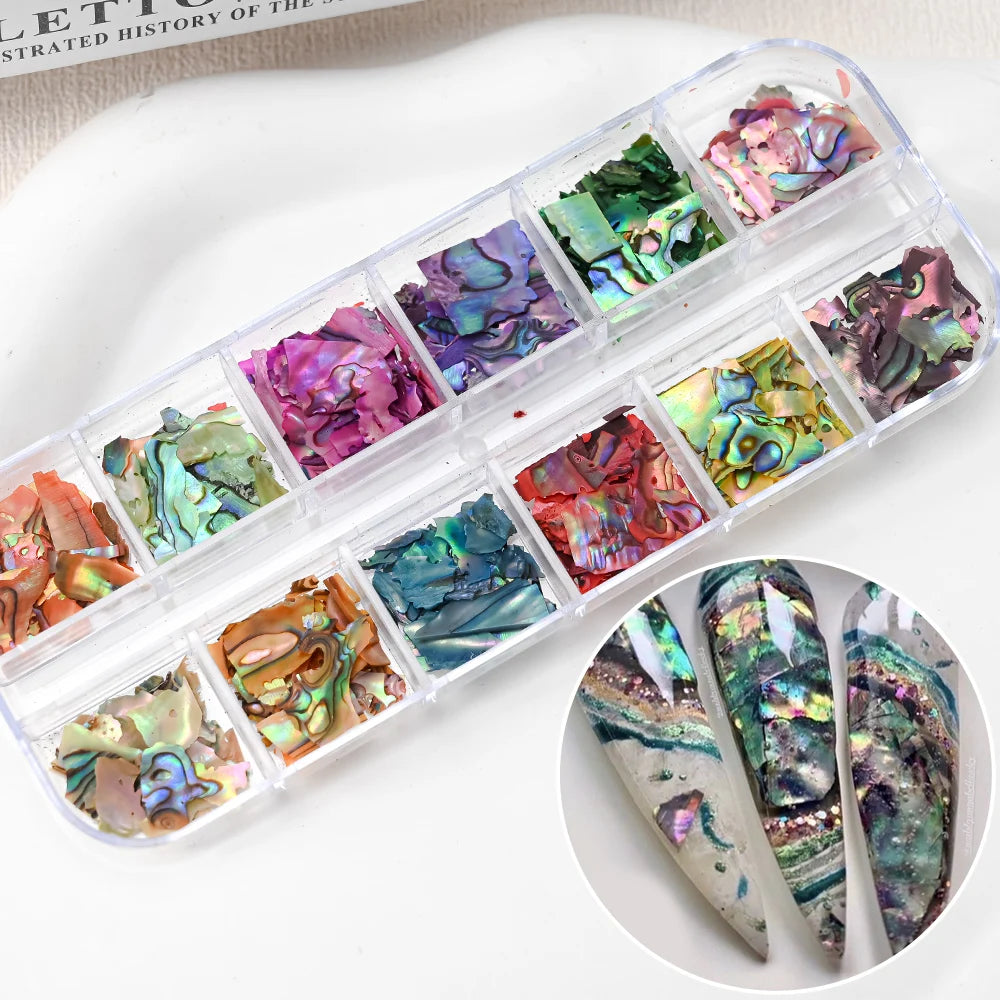 Aurora Abalone Shell Flakes – 12 Grid Nail Art Set