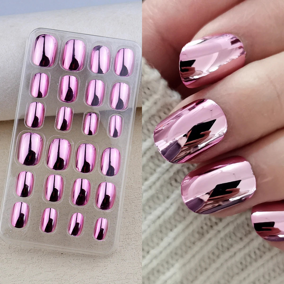 Mirror Chrome Press-On Nails – 24 Metallic Oval Tips