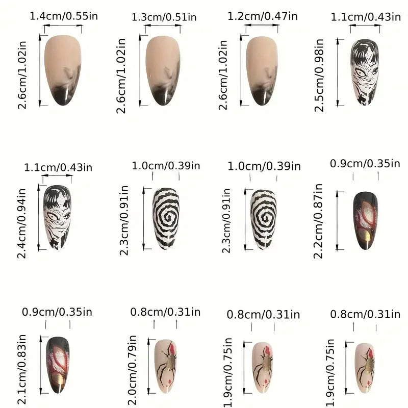 Measurement chart of various nail art designs with dimensions