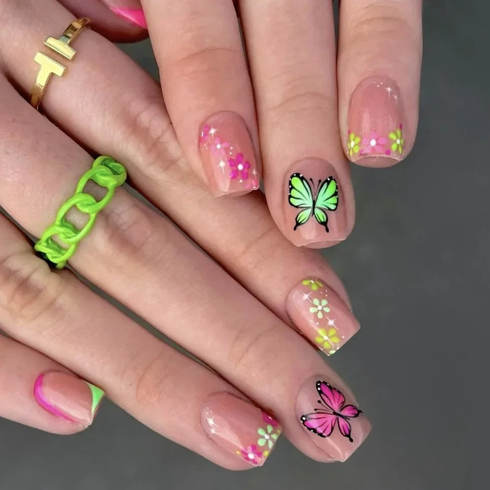 24Pcs Short Almond Press-On Nails – Pink Floral French Tip, Glossy & Elegant