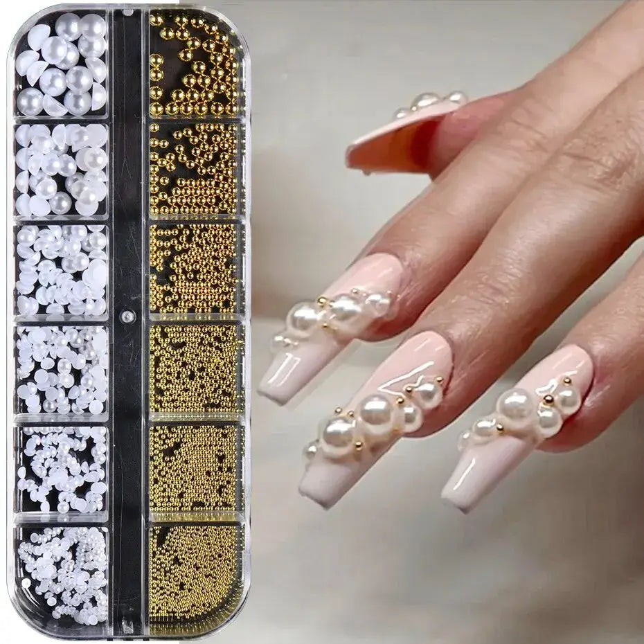12 Grids White Pearls Nail Charms Caviar Beads