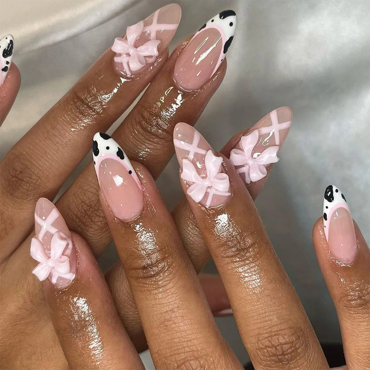 Almond Press On Nails | Long French Pink Bow & Flower Design
