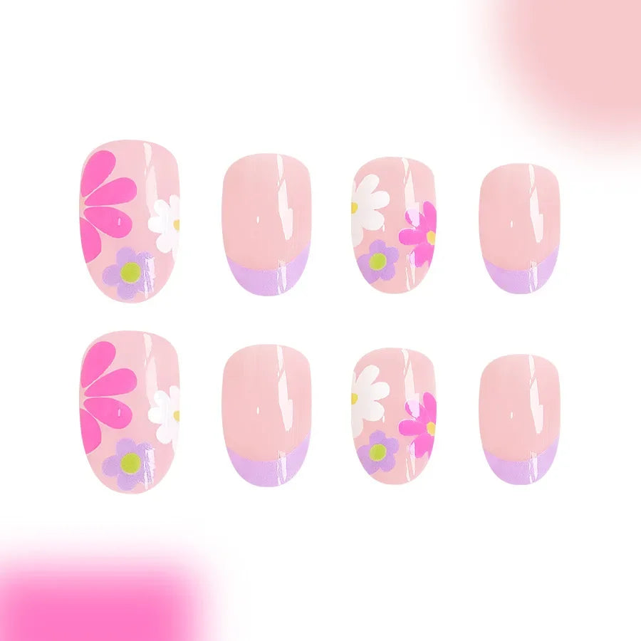 24Pcs Short Almond Press-On Nails – Pink Floral French Tip, Glossy & Elegant