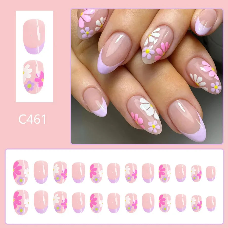 24Pcs Short Almond Press-On Nails – Pink Floral French Tip, Glossy & Elegant