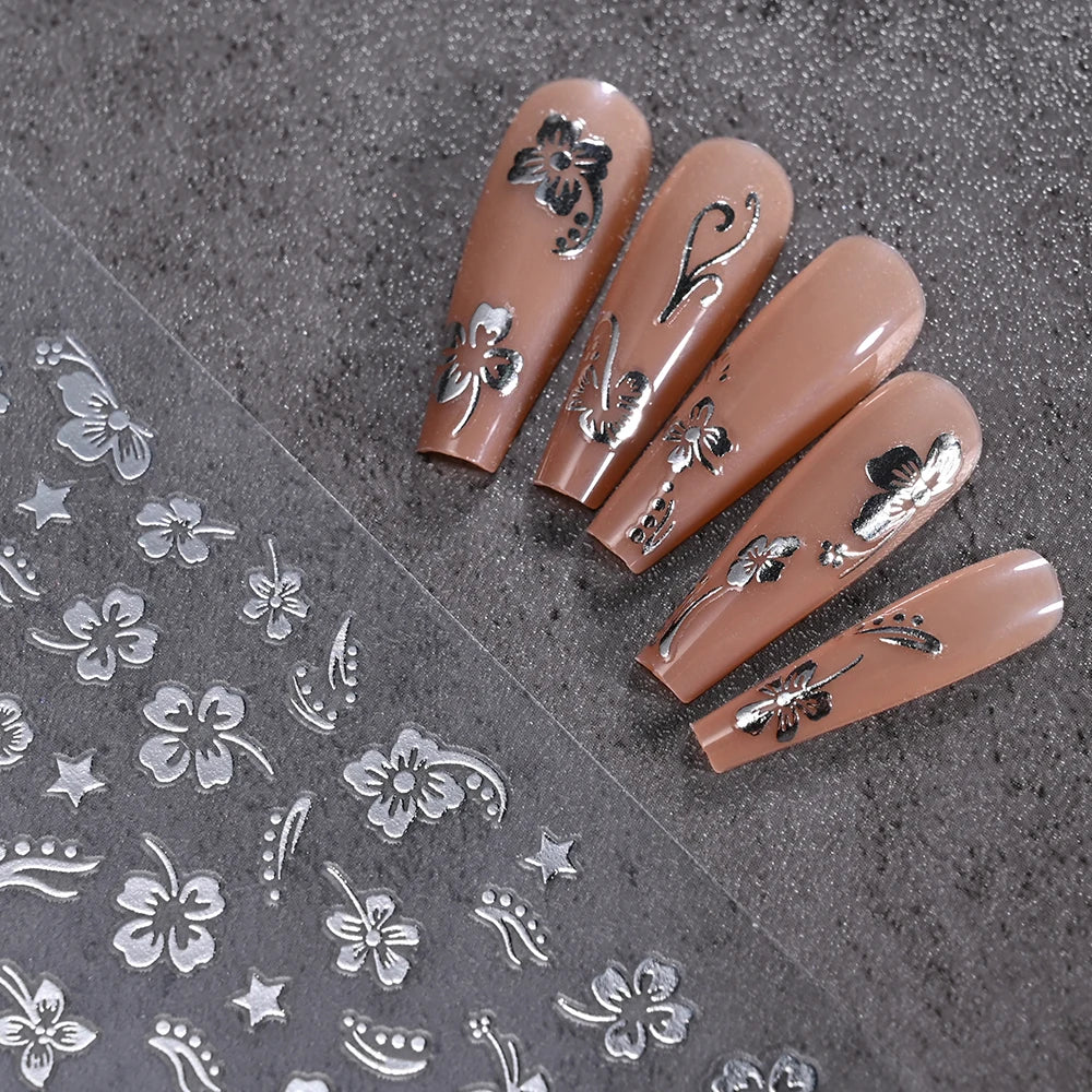 3D Hibiscus Flower Nail Stickers – White & Black Petals with Pink & Gold Accents