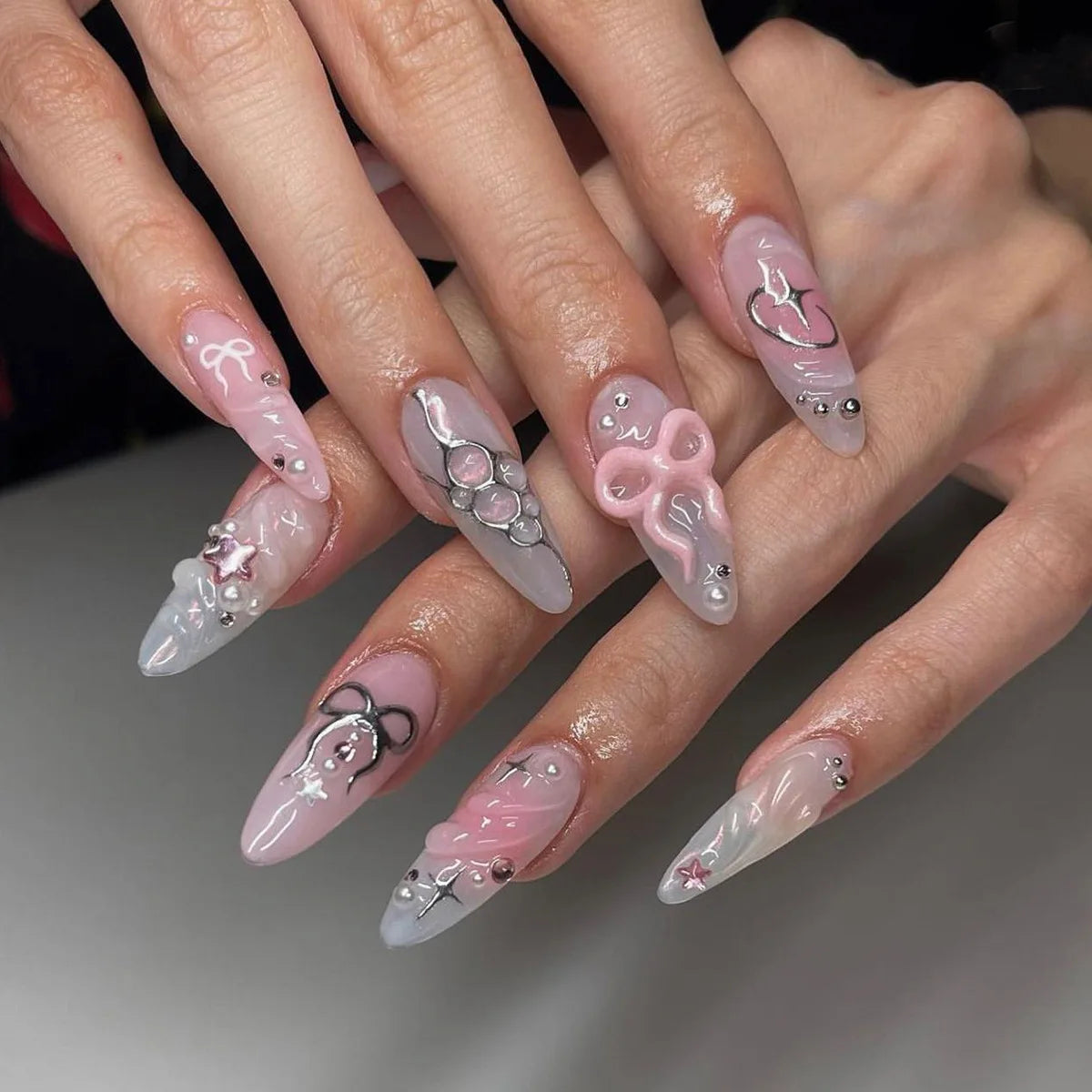 Almond Press On Nails | Long French Pink Bow & Flower Design