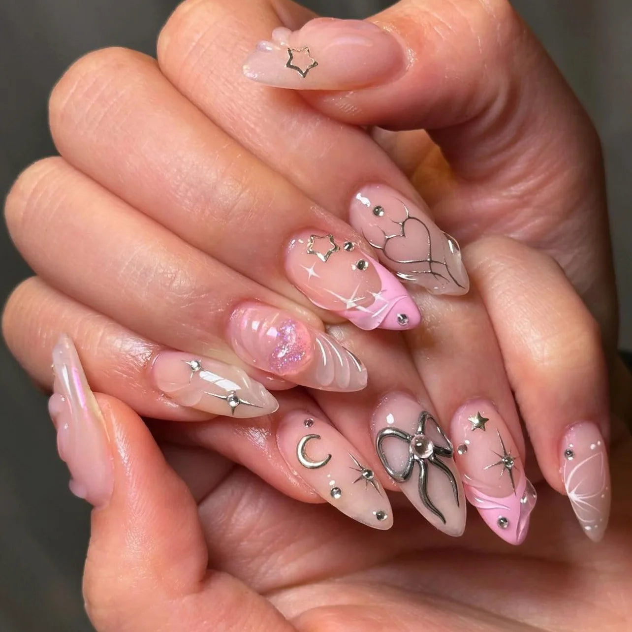 Almond Press On Nails | Long French Pink Bow & Flower Design