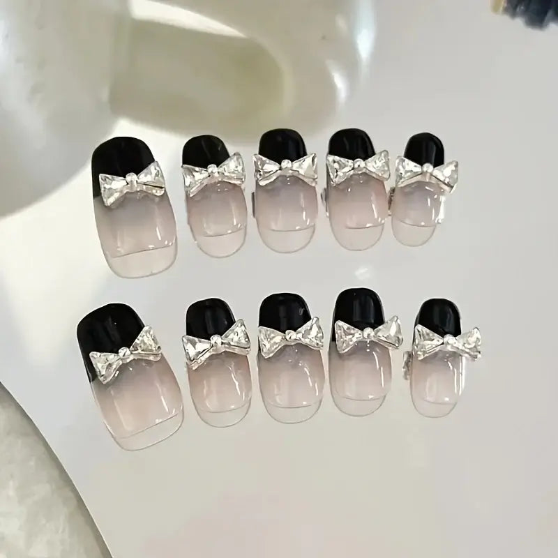 Handmade Medium Press-On Nails – Sparkling Bow Nail Art (10 Pcs)