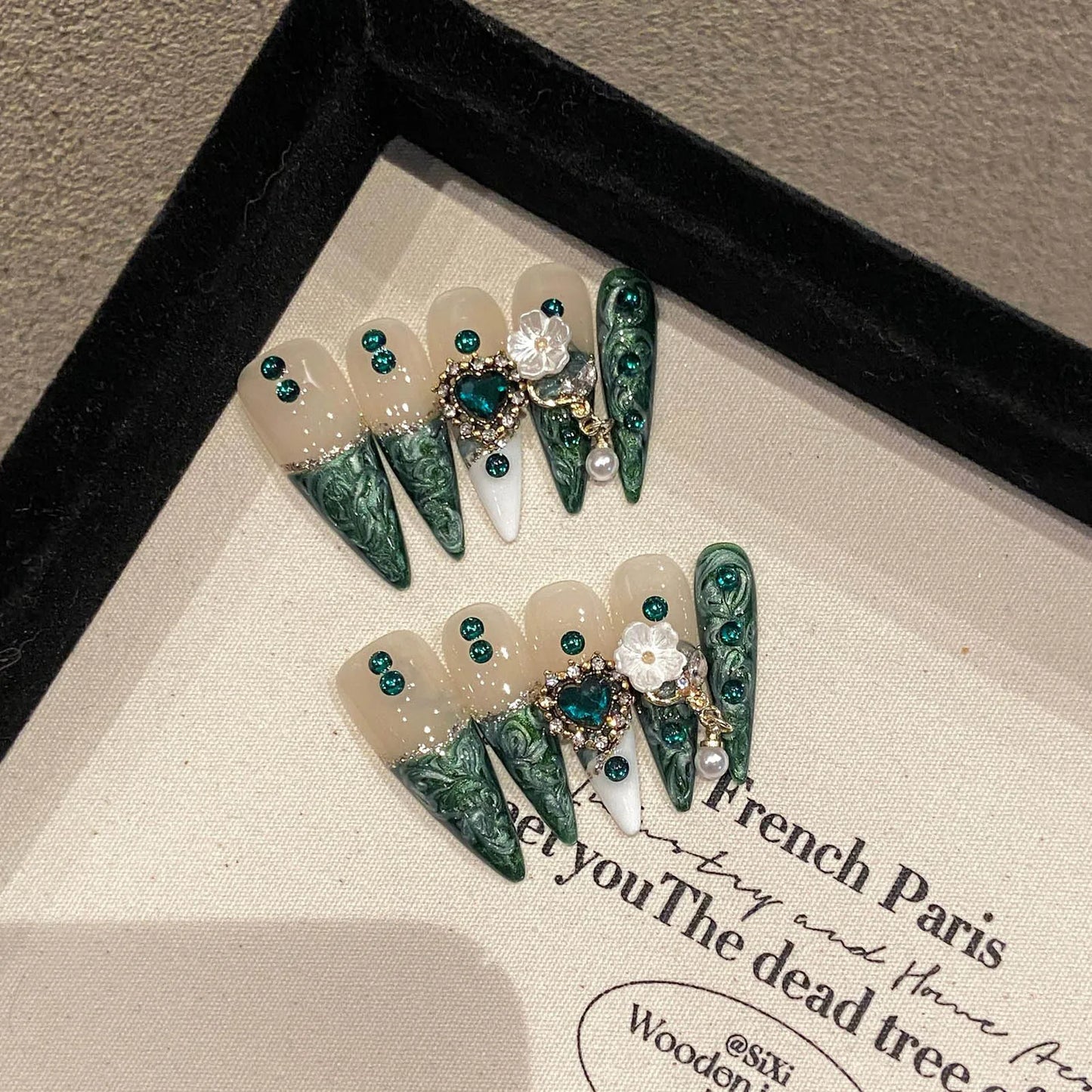 Handmade Glitter Butterfly Rose Long Almond Nails
