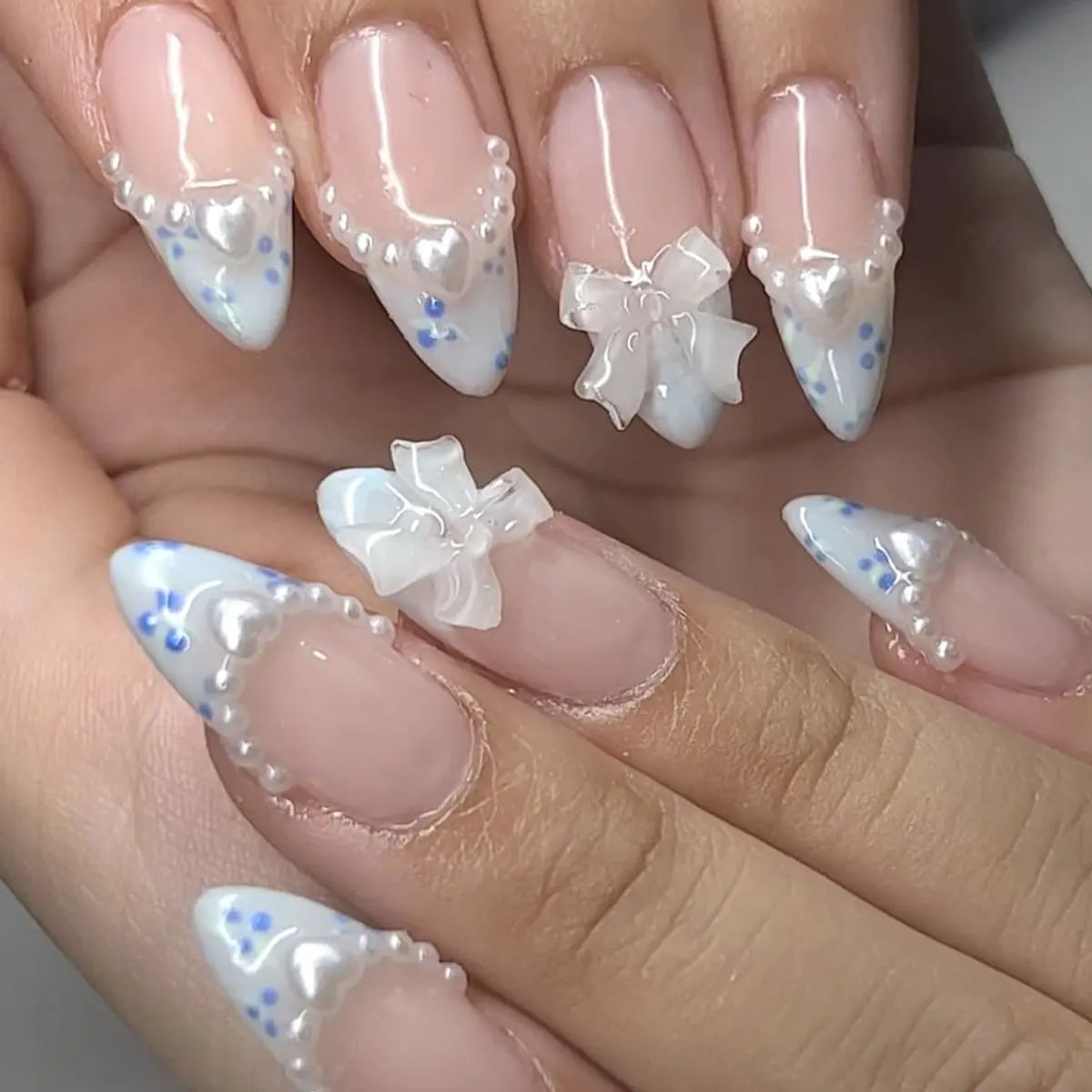 Almond Press On Nails | Long French Pink Bow & Flower Design