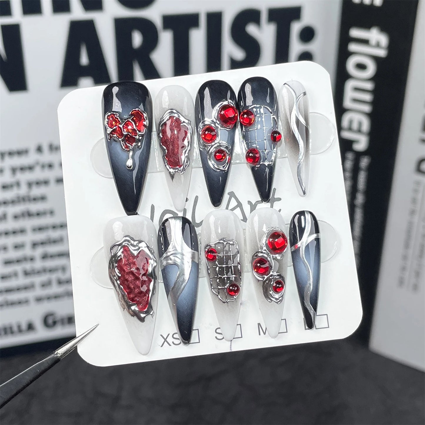 Halloween Gothic Press On Nails – Red Rhinestone Punk